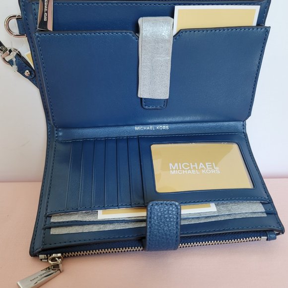 MICHAEL KORS Jet Set Double Zip Pebbled Leather Wristlet- River Blue🎈$114.⭐ - Picture 14 of 16